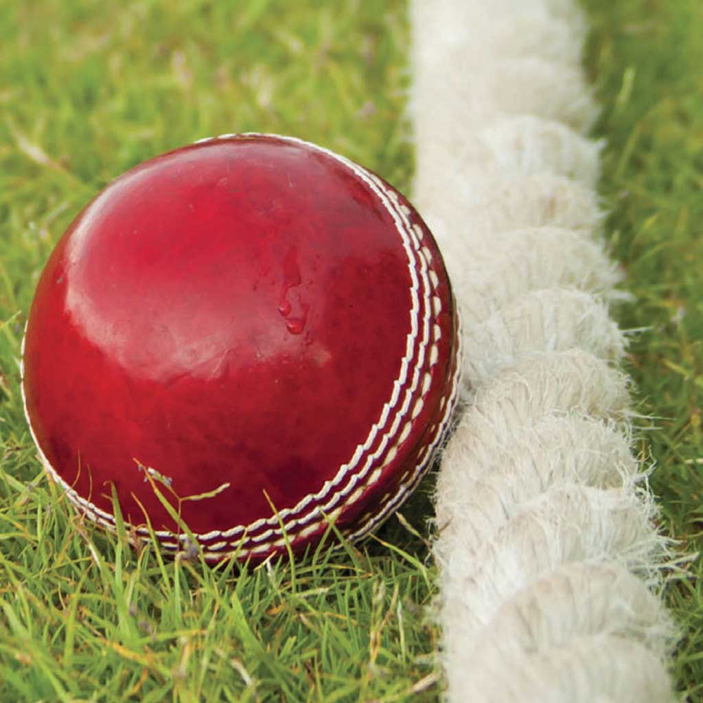 red cricket ball next to boundary rope